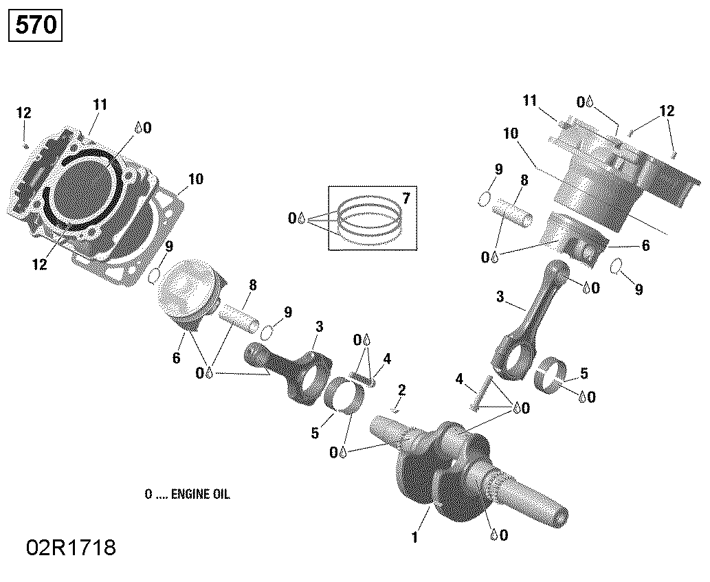 An Image of a Genuine Can-Am Parts Schematic Diagram showing the schematic - CRANKSHAFT AND PISTONS - 570 EFI