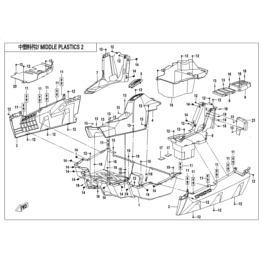 An Image of a Genuine CFMOTO Parts Schematic Diagram showing the schematic - MIDDLE PLASTICS 2 - 2019 CFMOTO ZFORCE 500