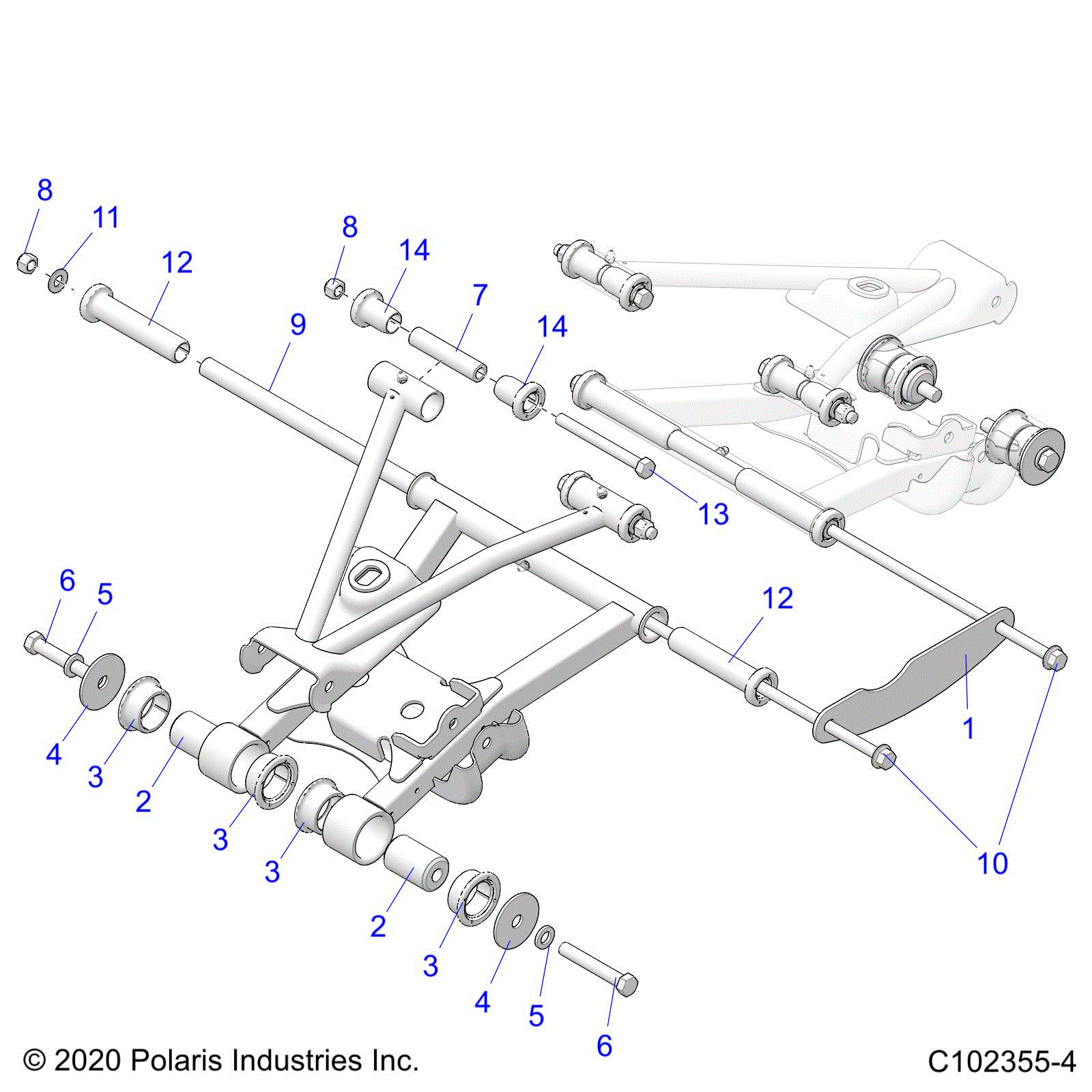 An Image of a Genuine Polaris Parts Schematic Diagram showing the schematic - SUSPENSION: REAR CONTROL ARM MOUNTING - 2024 POLARIS SPORTSMAN 570 6X6