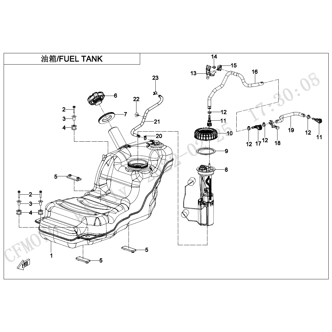 An Image of a Genuine CFMOTO Parts Schematic Diagram showing the schematic - FUEL TANK - 2023 CFMOTO ZFORCE 800 Trail