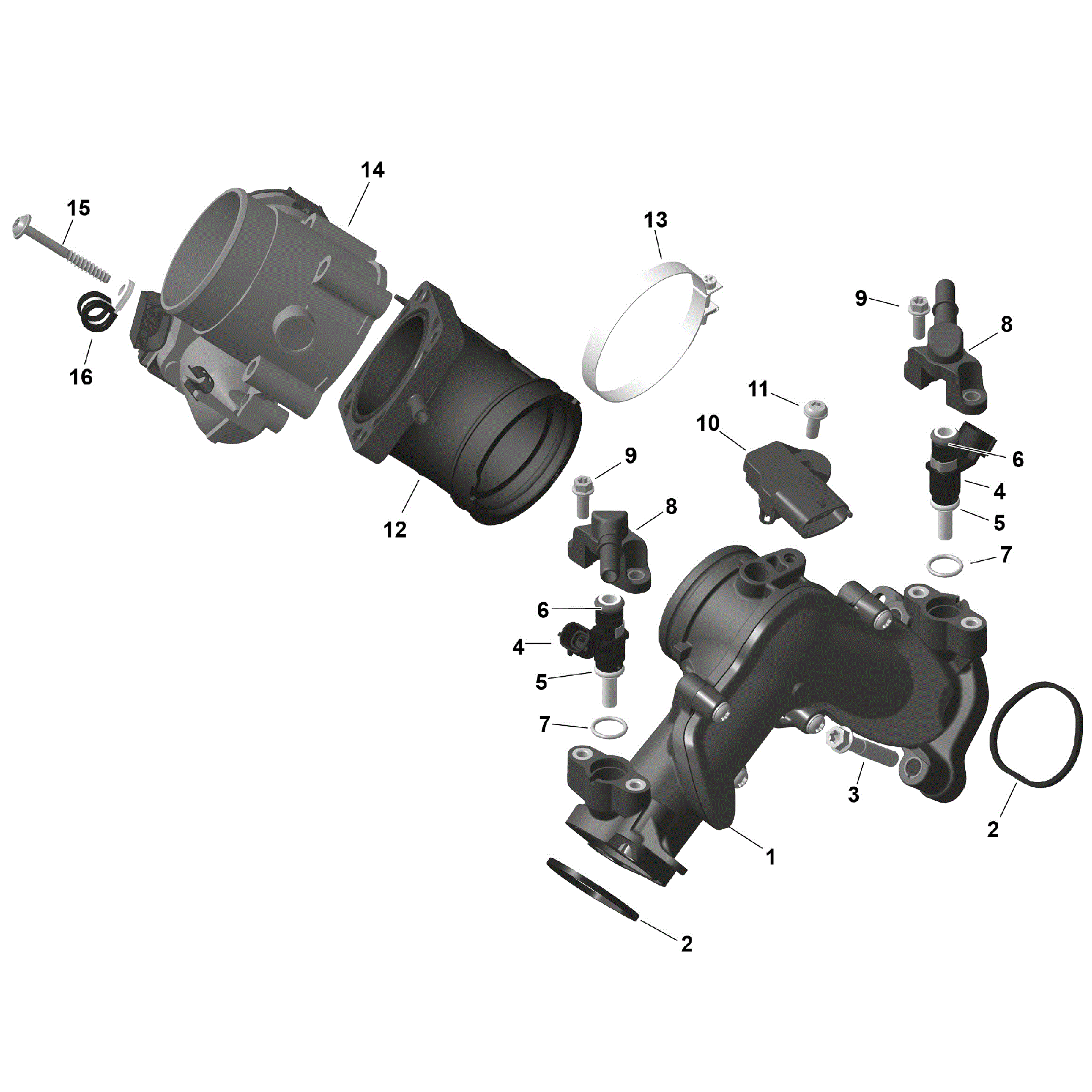 An Image of a Genuine Can-Am Parts Schematic Diagram showing the schematic - ROTAX - AIR INTAKE MANIFOLD AND THROTTLE BODY