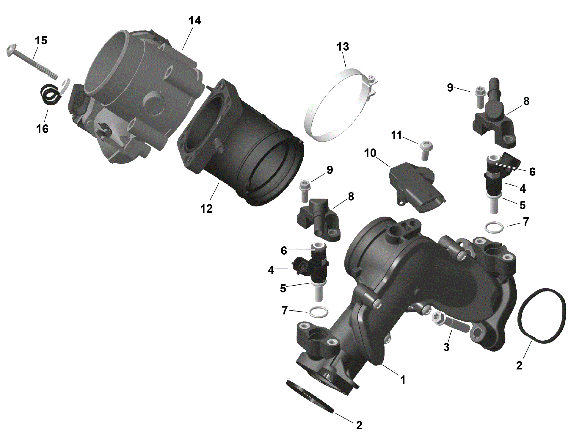 An Image of a Genuine Can-Am Parts Schematic Diagram showing the schematic - ROTAX - AIR INTAKE MANIFOLD AND THROTTLE BODY