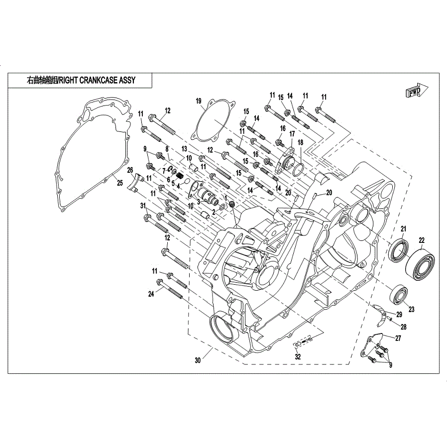 An Image of a Genuine CFMOTO Parts Schematic Diagram showing the schematic - RIGHT CRANKCASE ASSY. - 2019 CFMOTO UFORCE 800