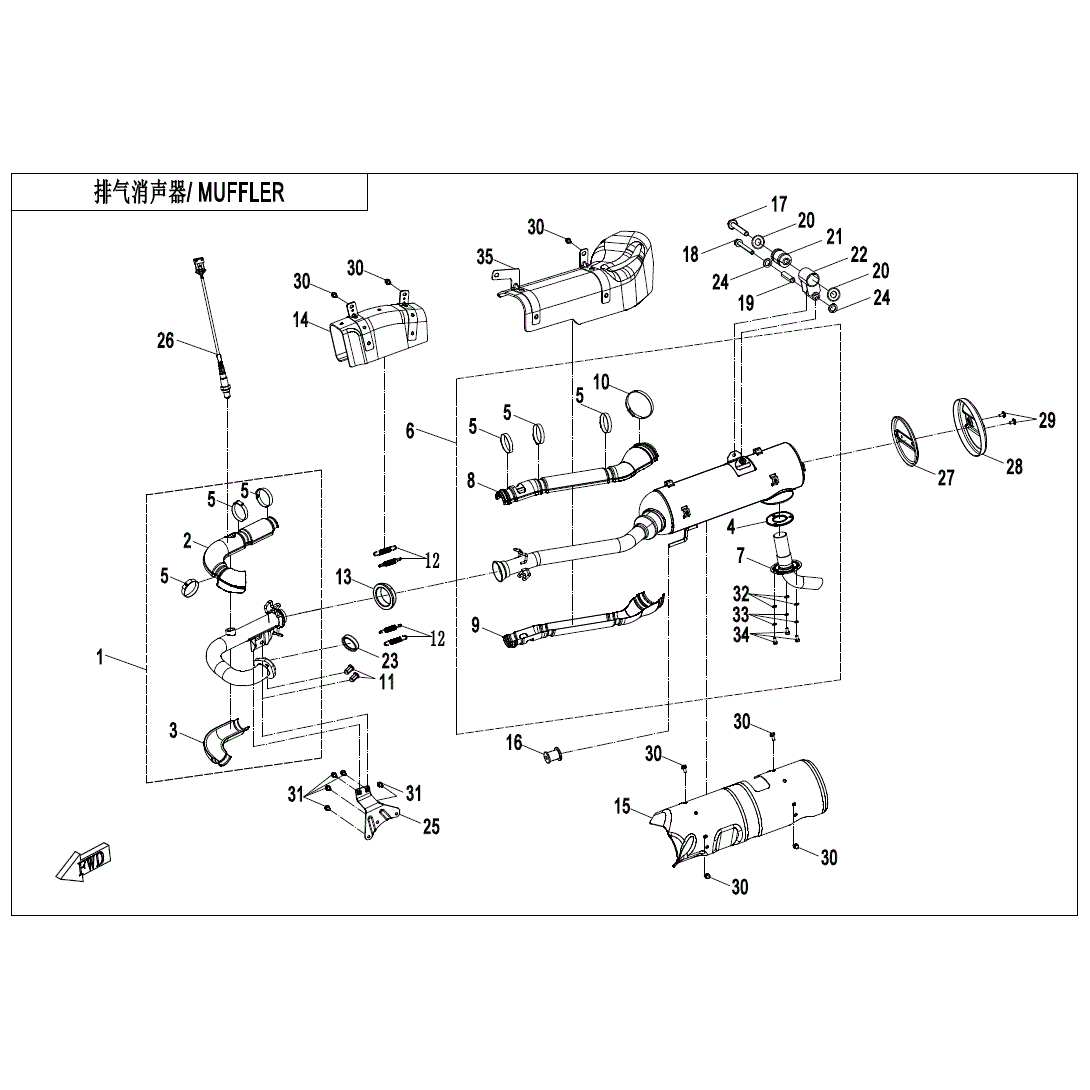 An Image of a genuine CFMOTO Parts Schematic Diagram showing the group - MUFFLER - 2024 CFMOTO CFORCE 500 S