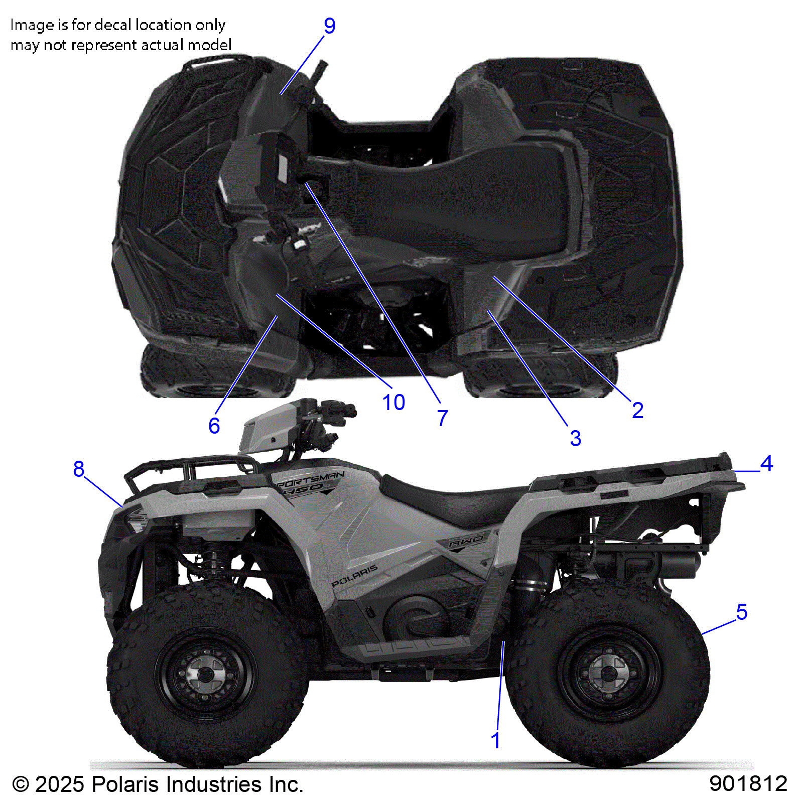 An Image of a Genuine Polaris Parts Schematic Diagram showing the schematic - BODY: DECALS STANDARD - 2026 POLARIS SPORTSMAN 450 50S