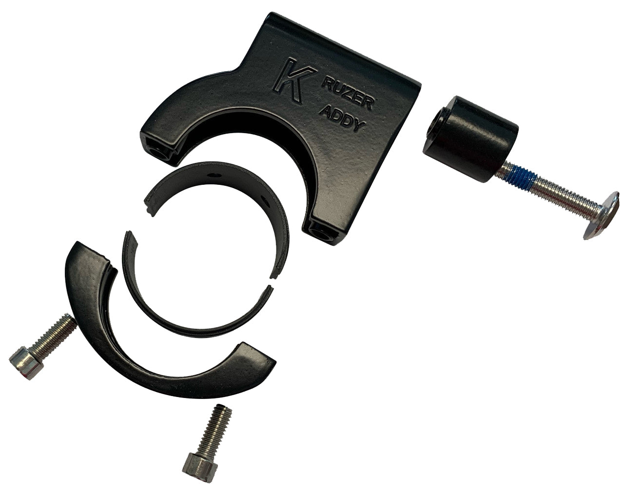 A Kruzer Kaddy Replacement Mount 1.5In Bars Black is shown disassembled into four parts, with three metal screws and one cylindrical spacer, all laid out on a white background.