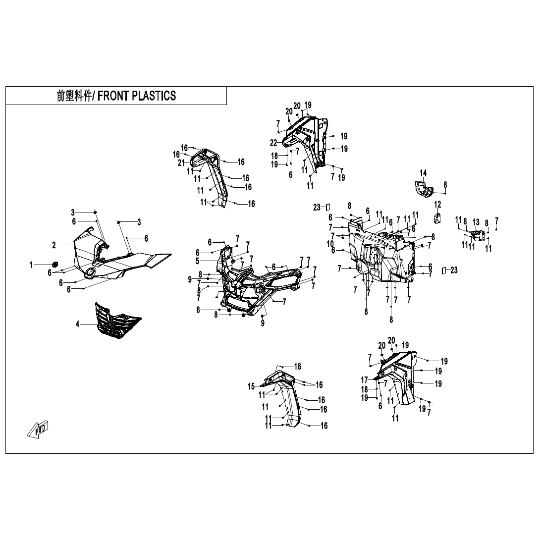An Image of a Genuine CFMOTO Parts Schematic Diagram showing the schematic - FRONT PLASTICS - 2023 CFMOTO ZFORCE 950 Trail