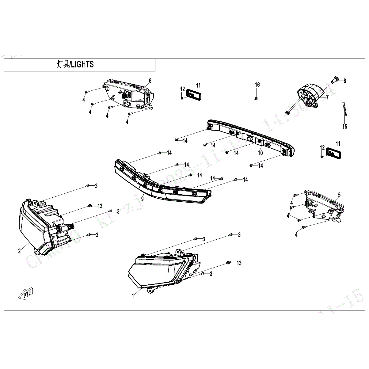 An Image of a genuine CFMOTO Parts Schematic Diagram showing the group - LIGHTS - 2025 CFMOTO CFORCE 1000 OVERLAND