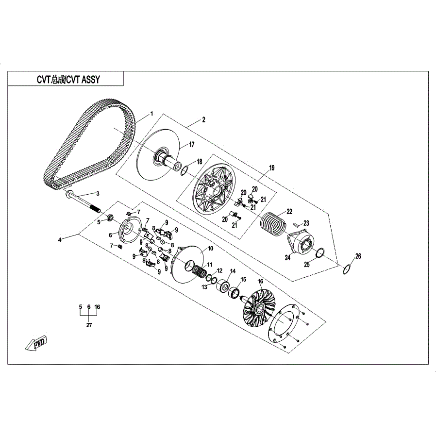 An Image of a Genuine CFMOTO Parts Schematic Diagram showing the schematic - CVT ASSY (NON SPEED LIMITED&DIE THRUST COLLAR) - 2019 CFMOTO ZFORCE 1000