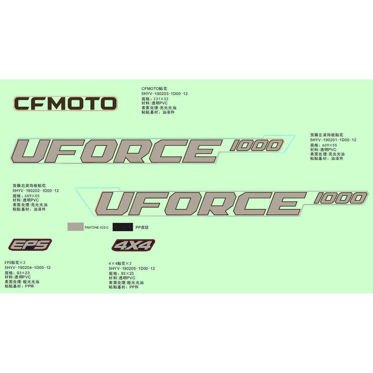 An Image of a Genuine CFMOTO Parts Schematic Diagram showing the schematic - DECAL KIT (NA & 2023 - 2023 CFMOTO UFORCE 1000