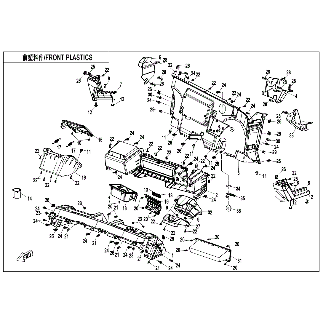 Exploded diagram of the Dashboard Upper Part by CF Moto, showing numbered panels, covers, and fasteners for assembly or ID. Find genuine CFmoto OEM parts at Witchdoctors.com. Text at top reads FRONT PLASTICS.