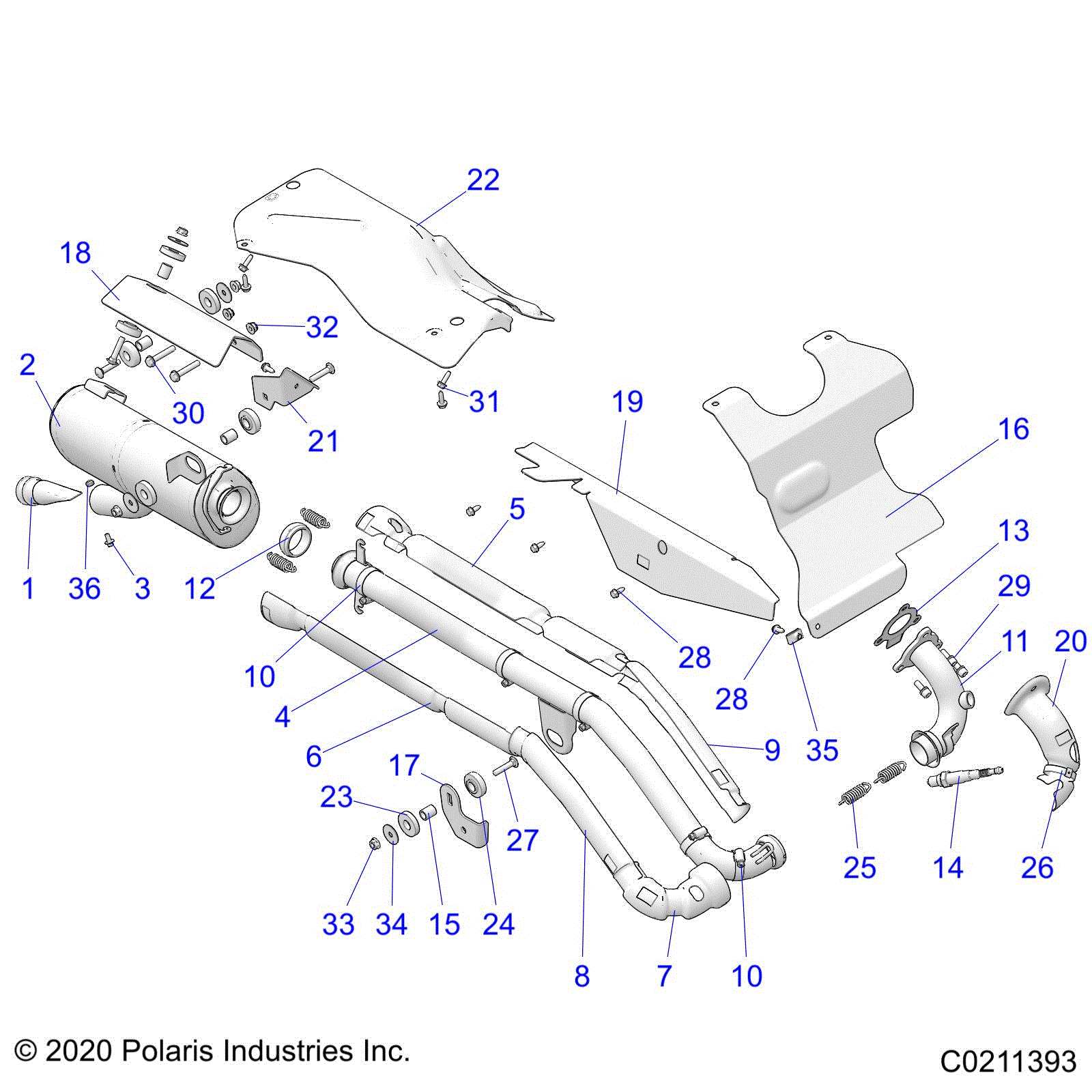 An Image of a Genuine Polaris Parts Schematic Diagram showing the schematic - ENGINE: EXHAUST - 2022 POLARIS SPORTSMAN 570 TRAIL
