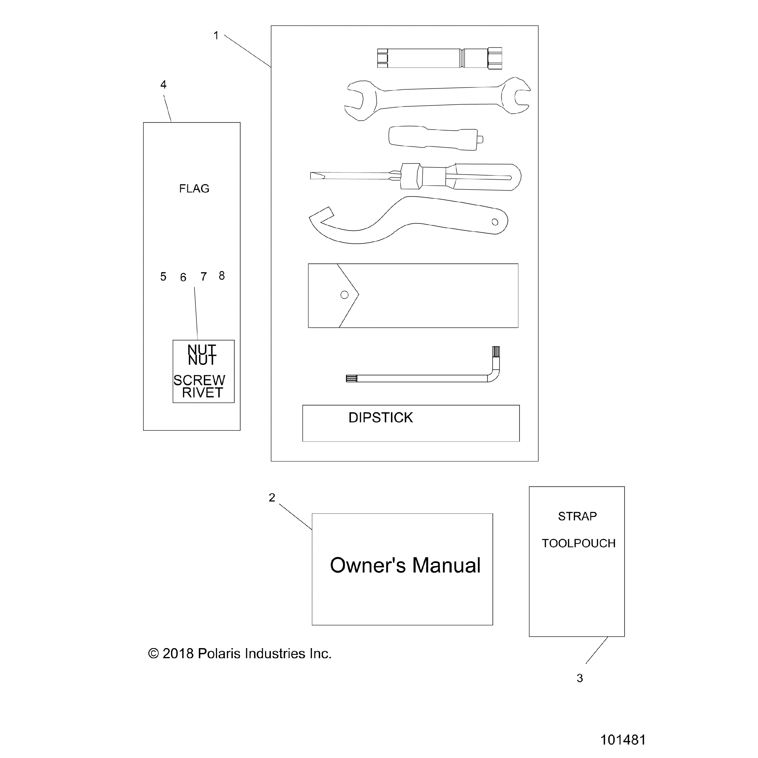 An Image of a Genuine Polaris Parts Schematic Diagram showing the schematic - REFERENCE: TOOL KIT and OWNERS MANUAL - 2019 POLARIS ACE 150 EFI INDY