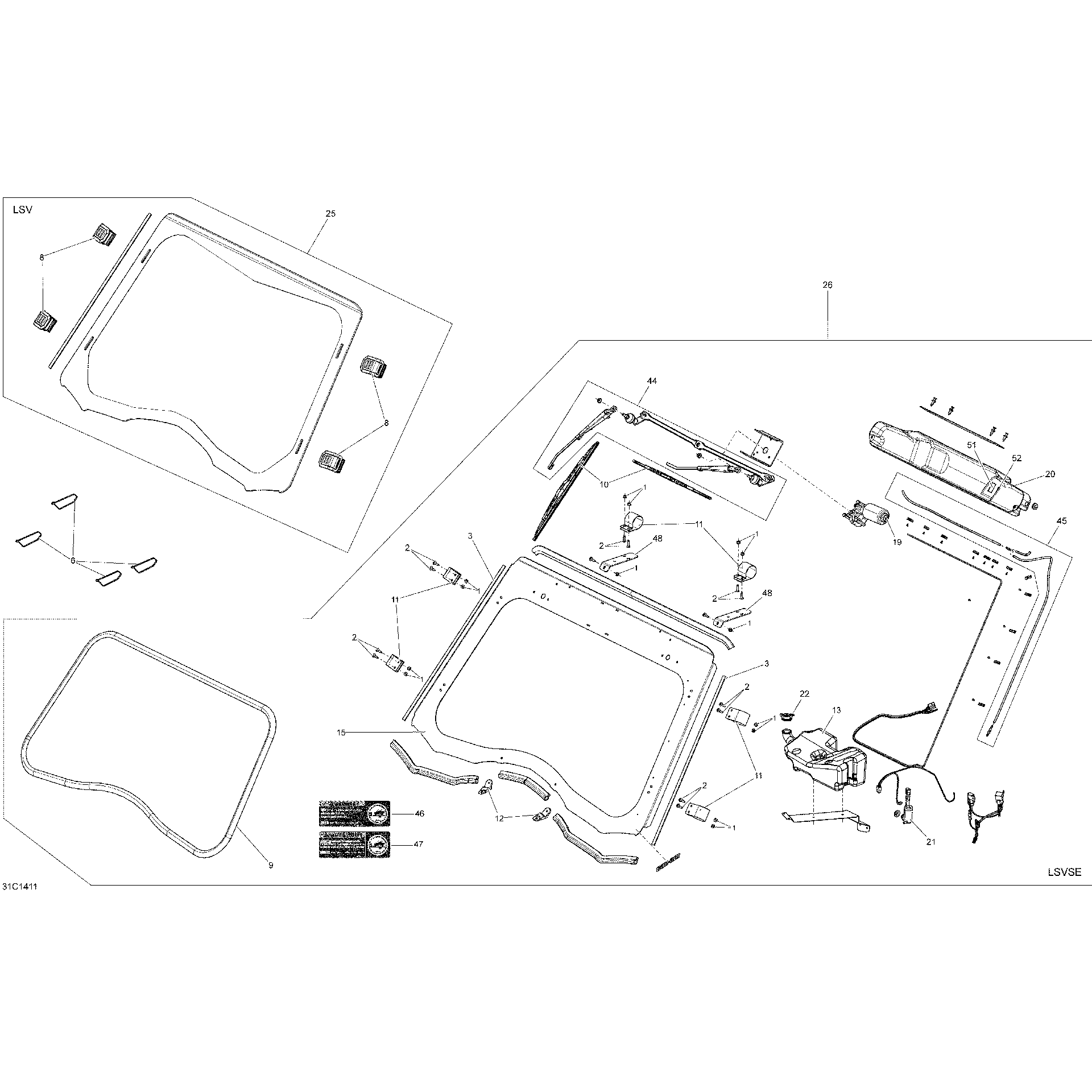 An Image of a Genuine Can-Am Parts Schematic Diagram showing the schematic - BODY AND ACCESSORIES WINDSHIELD_31C1411