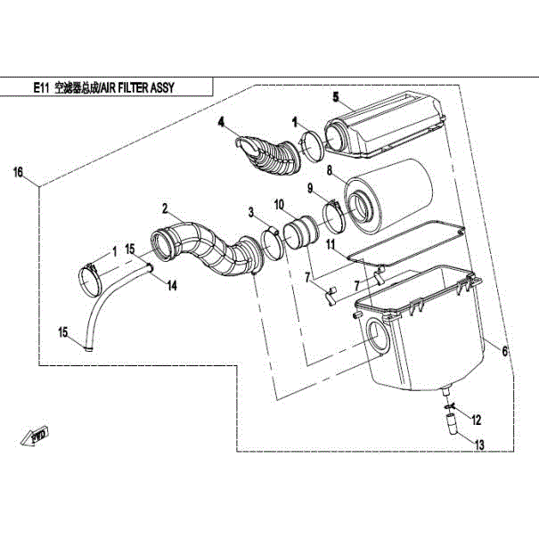 An Image of a genuine CFMOTO Parts Schematic Diagram showing the group - AIR FILTER ASSY. - 2016 CFMOTO CFORCE 400