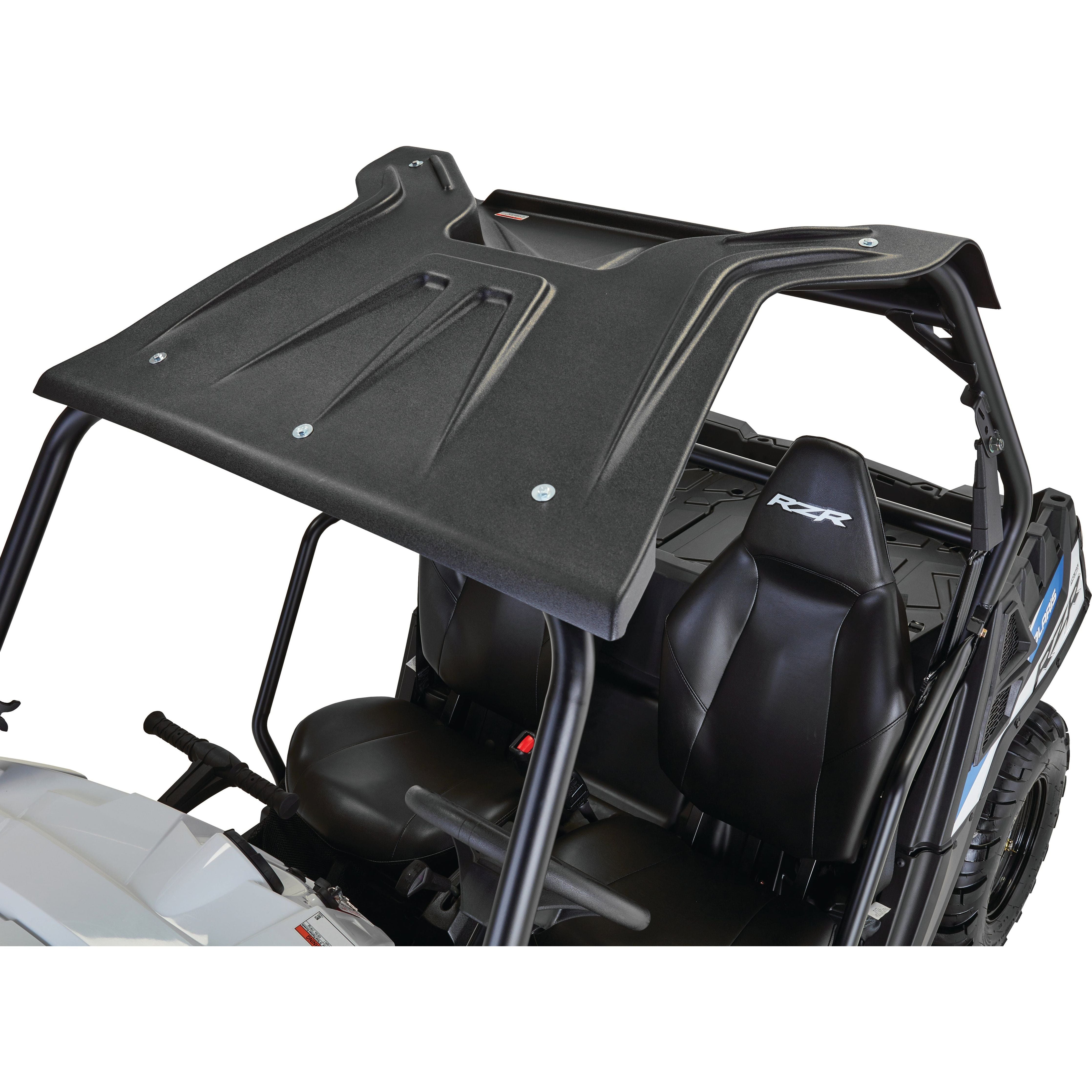 The Polaris RZR UTV Molded Roof by Open Trail is a black, hard HDPE roof with UV resistance, mounted on a white two-seat off-road vehicle featuring black seats, a roll cage, and RZR-branded seating.