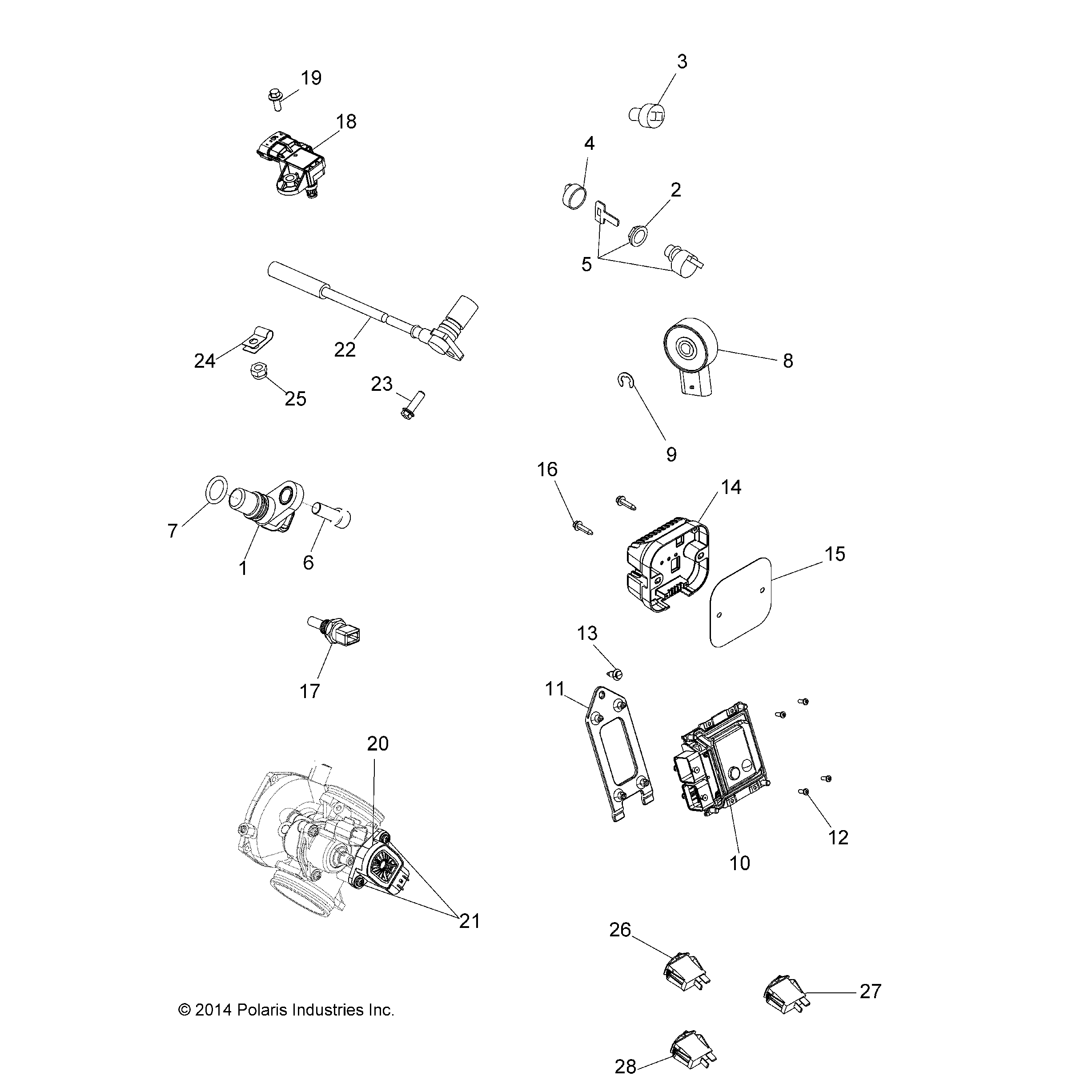 An Image of a Genuine Polaris Parts Schematic Diagram showing the schematic - ELECTRICAL: SWITCHES SENSORS and ECM - 2017 POLARIS SPORTSMAN 570 SP