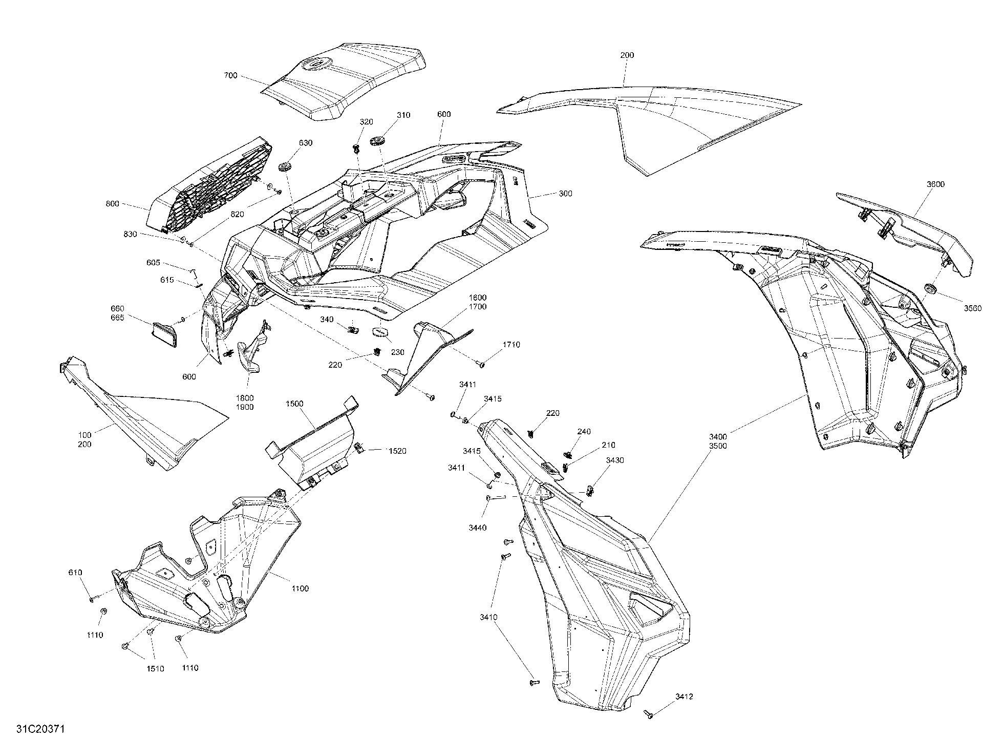 An Image of a Genuine Can-Am Parts Schematic Diagram showing the schematic - BODY - FRONT SECTION - X DS - BLACK