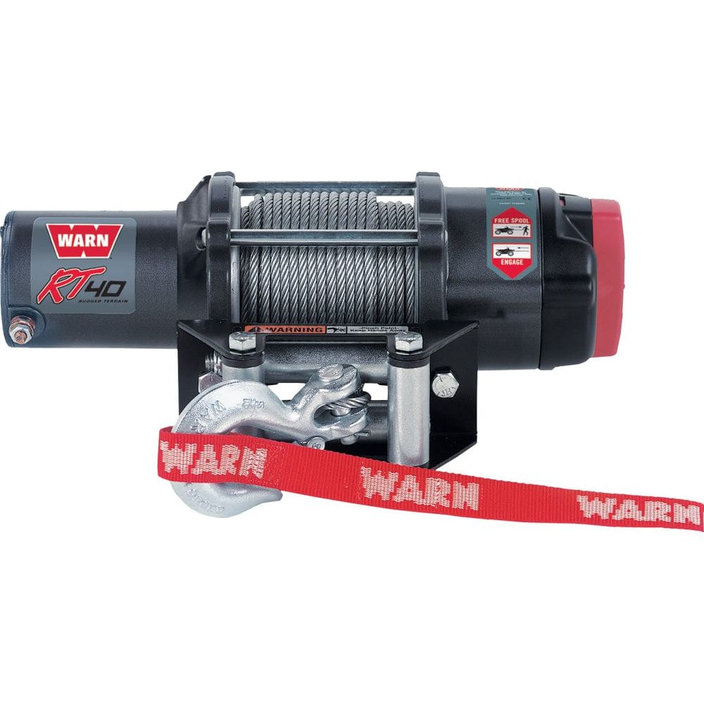 The Winch Replacement Motor 4.0 by Warn features a steel cable, hook with red WARN strap, and safety labels on its black and red casing.