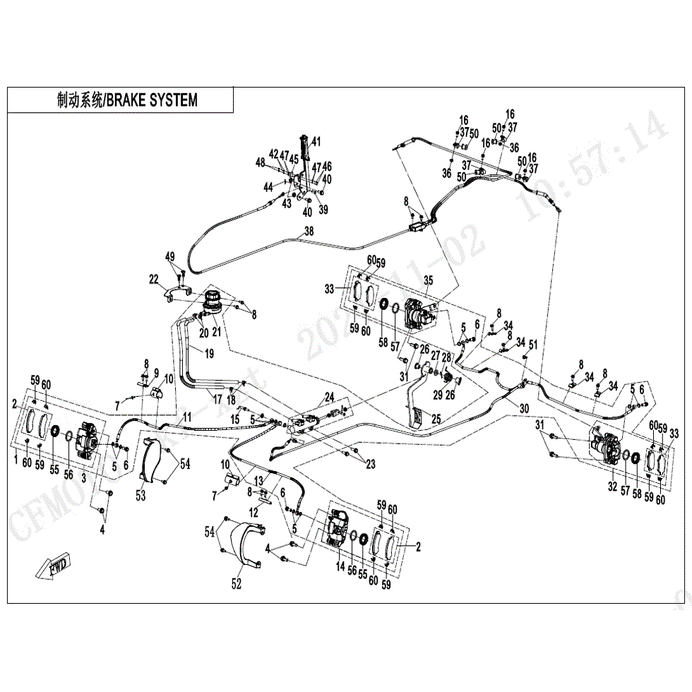 An Image of a Genuine CFMOTO Parts Schematic Diagram showing the schematic - BRAKE SYSTEM - 2022 CFMOTO UFORCE 1000