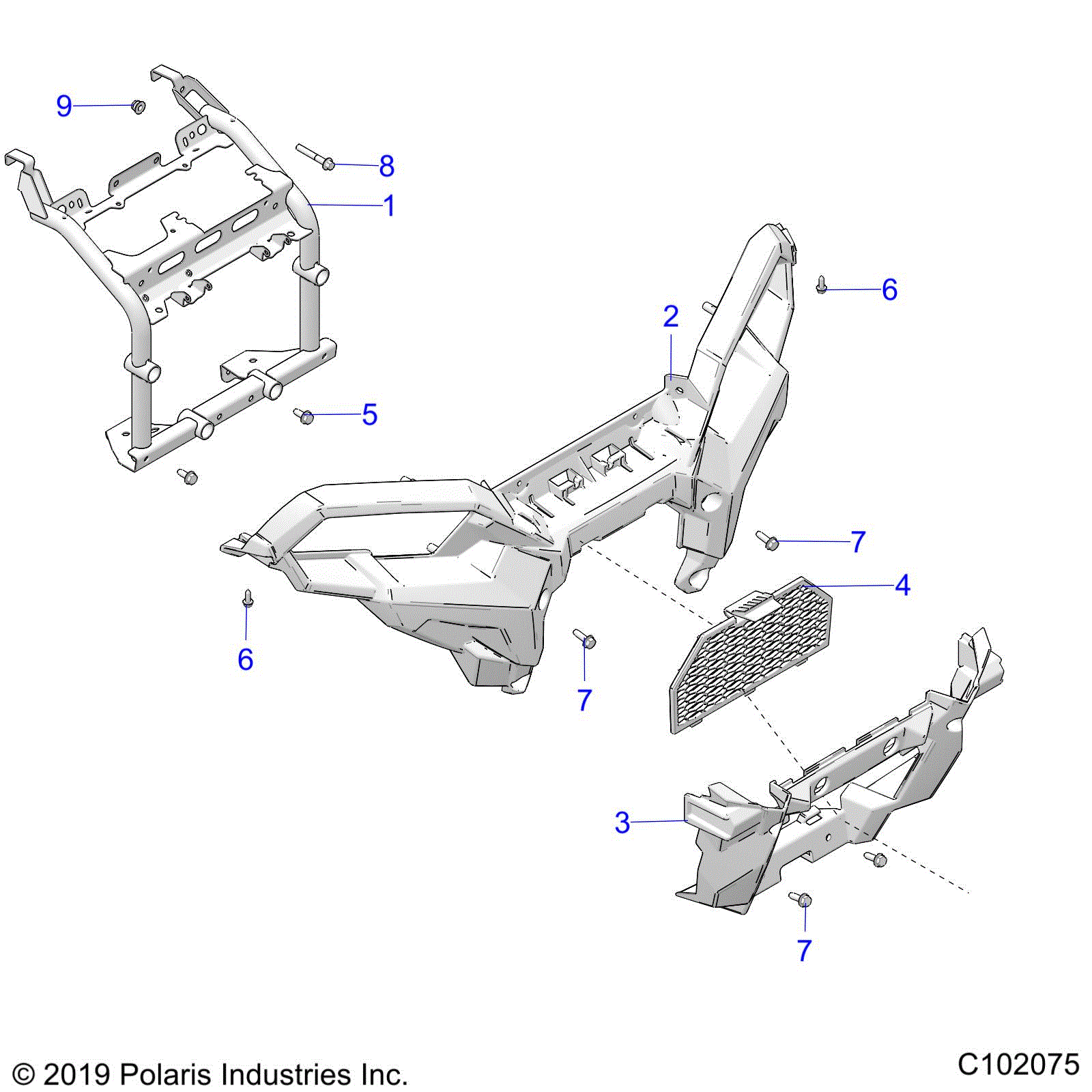 An Image of a Genuine Polaris Parts Schematic Diagram showing the schematic - BODY: FRONT BUMPER and MOUNTING - 2020 POLARIS SPORTSMAN XP 1000 S 55"