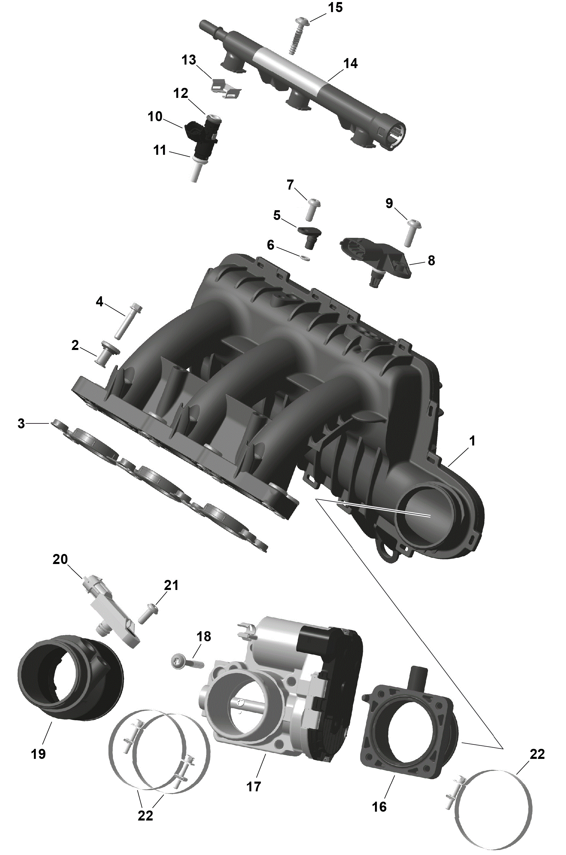 An Image of a Genuine Can-Am Parts Schematic Diagram showing the schematic - ROTAX - AIR INTAKE MANIFOLD AND THROTTLE BODY