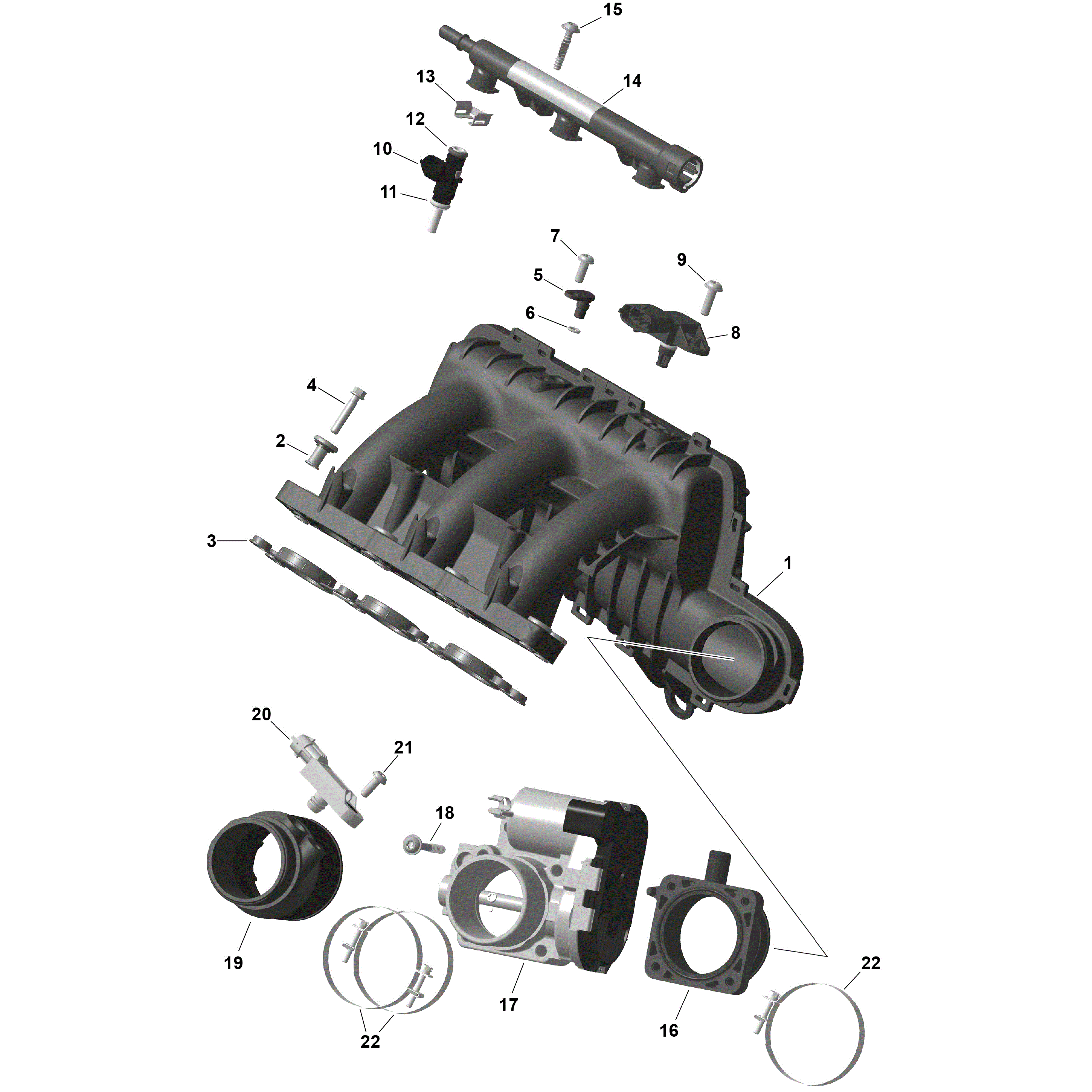 An Image of a Genuine Can-Am Parts Schematic Diagram showing the schematic - ROTAX - AIR INTAKE MANIFOLD AND THROTTLE BODY