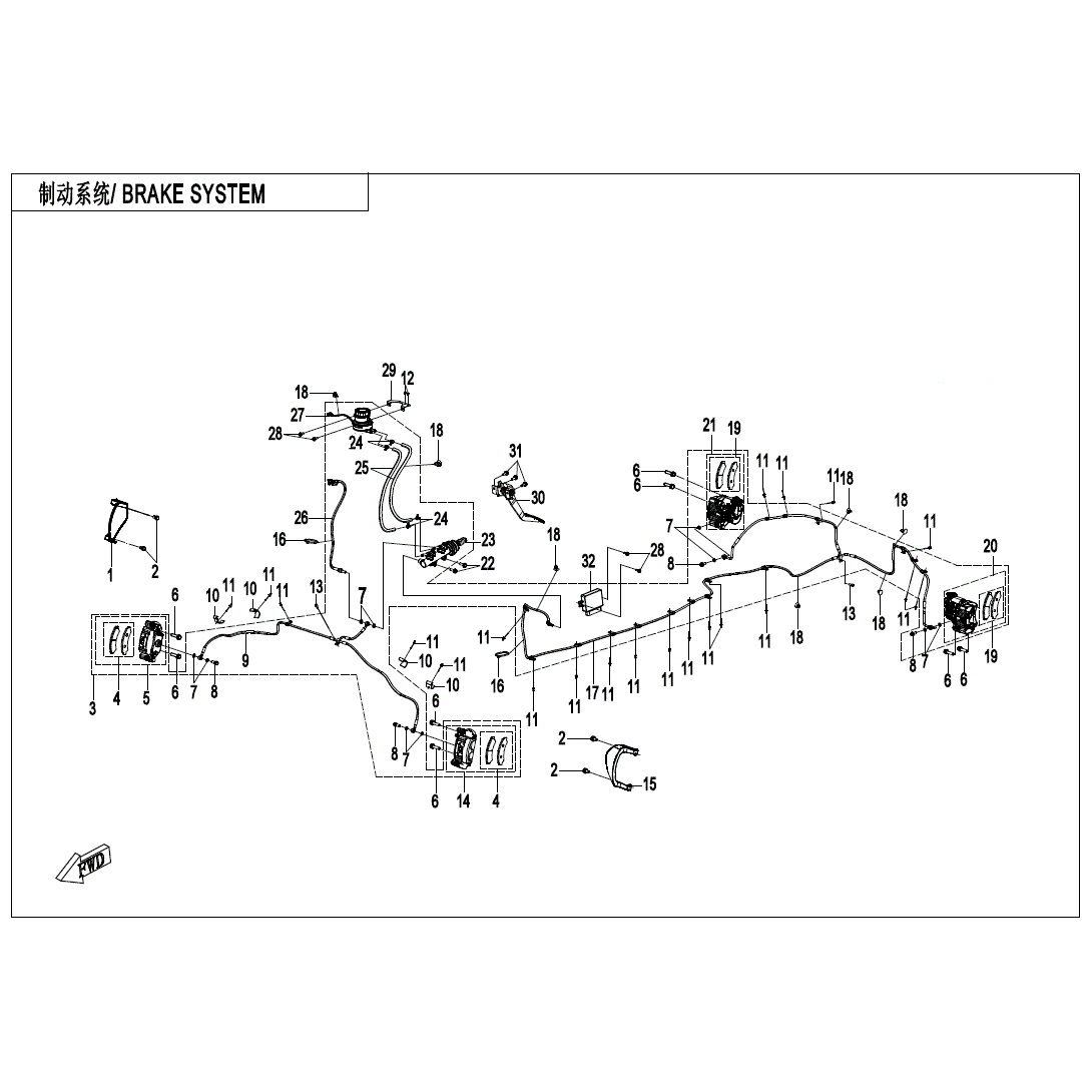 An Image of a Genuine CFMOTO Parts Schematic Diagram showing the schematic - BRAKE SYSTEM - 2025 CFMOTO UFORCE U10XL PRO