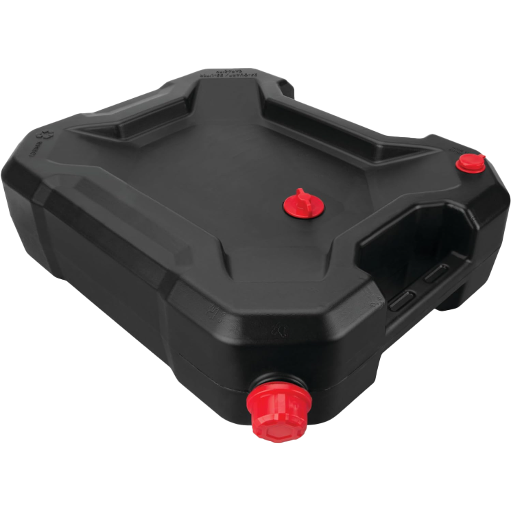 The 10 Qt Oil Drain Container by Performance Tool features a rectangular polypropylene design, raised edges, built-in handles, and three red screw caps for secure, leak-free transport and easy pouring or draining.