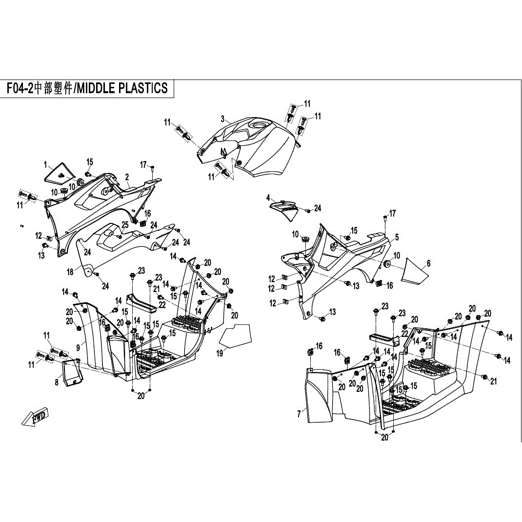 An Image of a genuine CFMOTO Parts Schematic Diagram showing the group - MIDDLE PLASTICS - 2017 CFMOTO CFORCE 500 HO