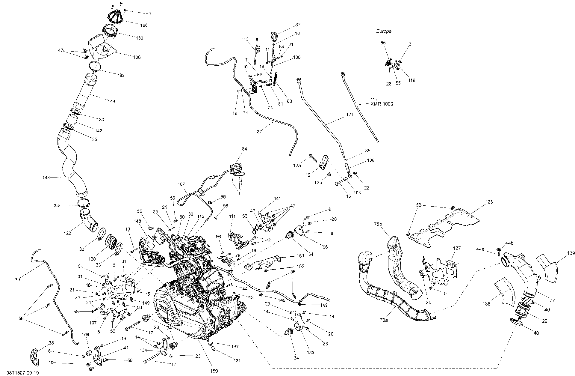 An Image of a Genuine Can-Am Parts Schematic Diagram showing the schematic - ENGINE AND ENGINE SUPPORT _08T1509