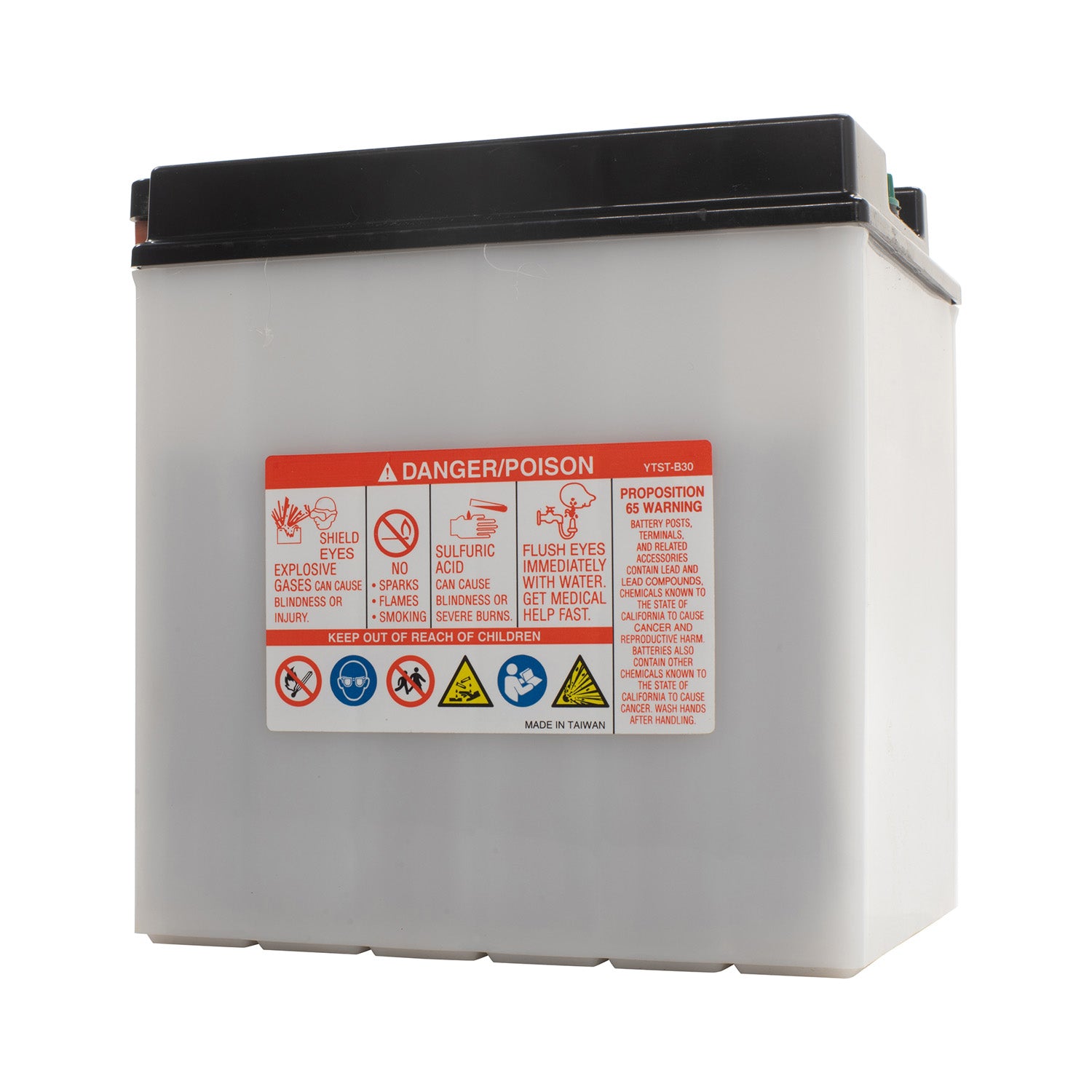 Gray rectangular top mount battery with black cap and red warning label on front.