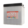 Gray rectangular top mount battery with black cap and red warning label on front.