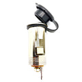 Chrome cylindrical 12V pod receptacle mount with black hinged protective cap and mounting hardware.