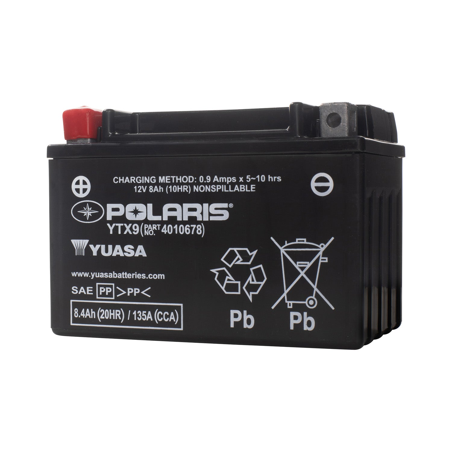 Black sealed 9Ah 12V Polaris YTX9-BS battery with red positive terminal and white labeling.