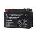 Black sealed 9Ah 12V Polaris YTX9-BS battery with red positive terminal and white labeling.