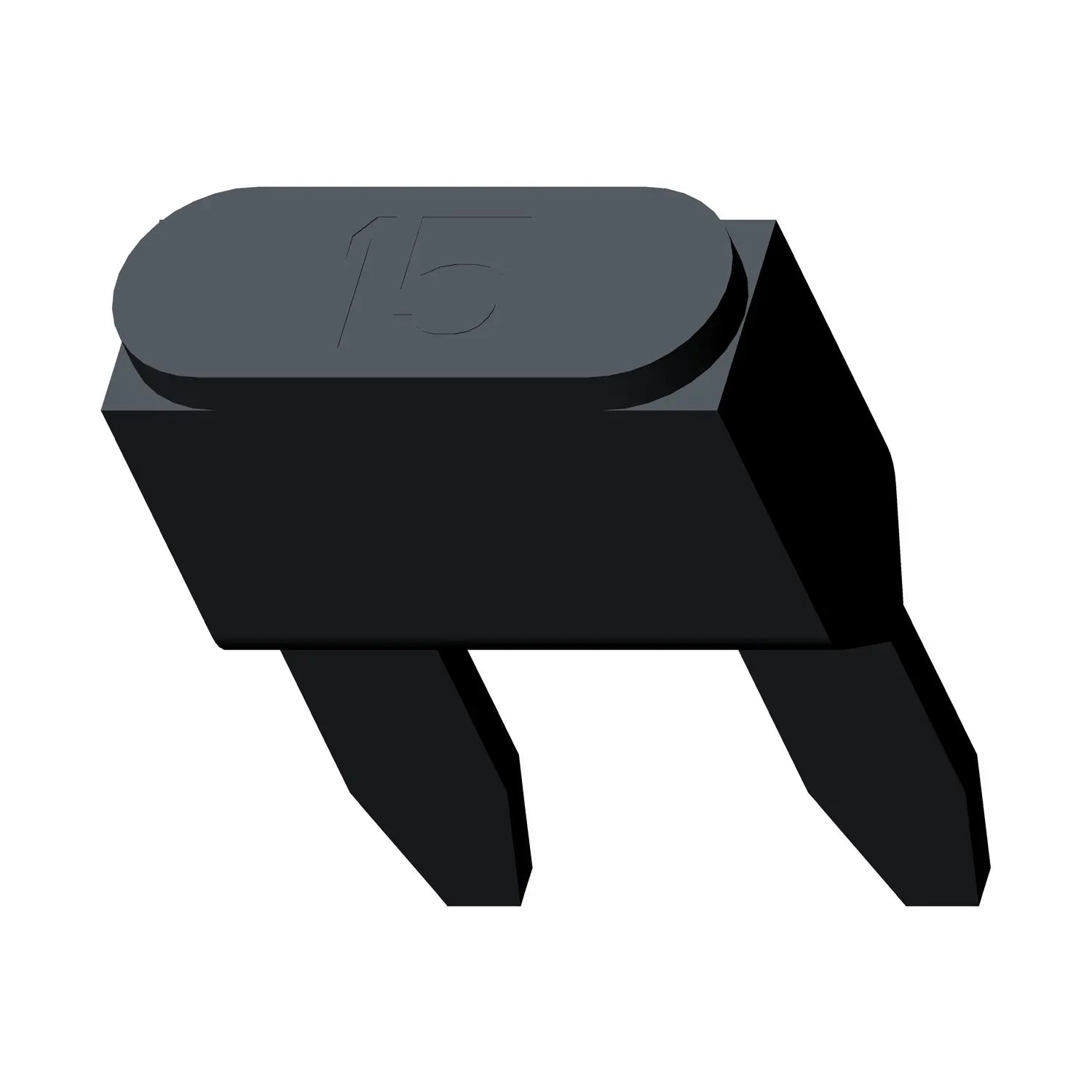 Black rectangular blade fuse rated 15A and 32V with two metal prongs.