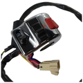 Chrome right handlebar control switch for motorcycle with black buttons and red safety switch, attached wiring harness with.