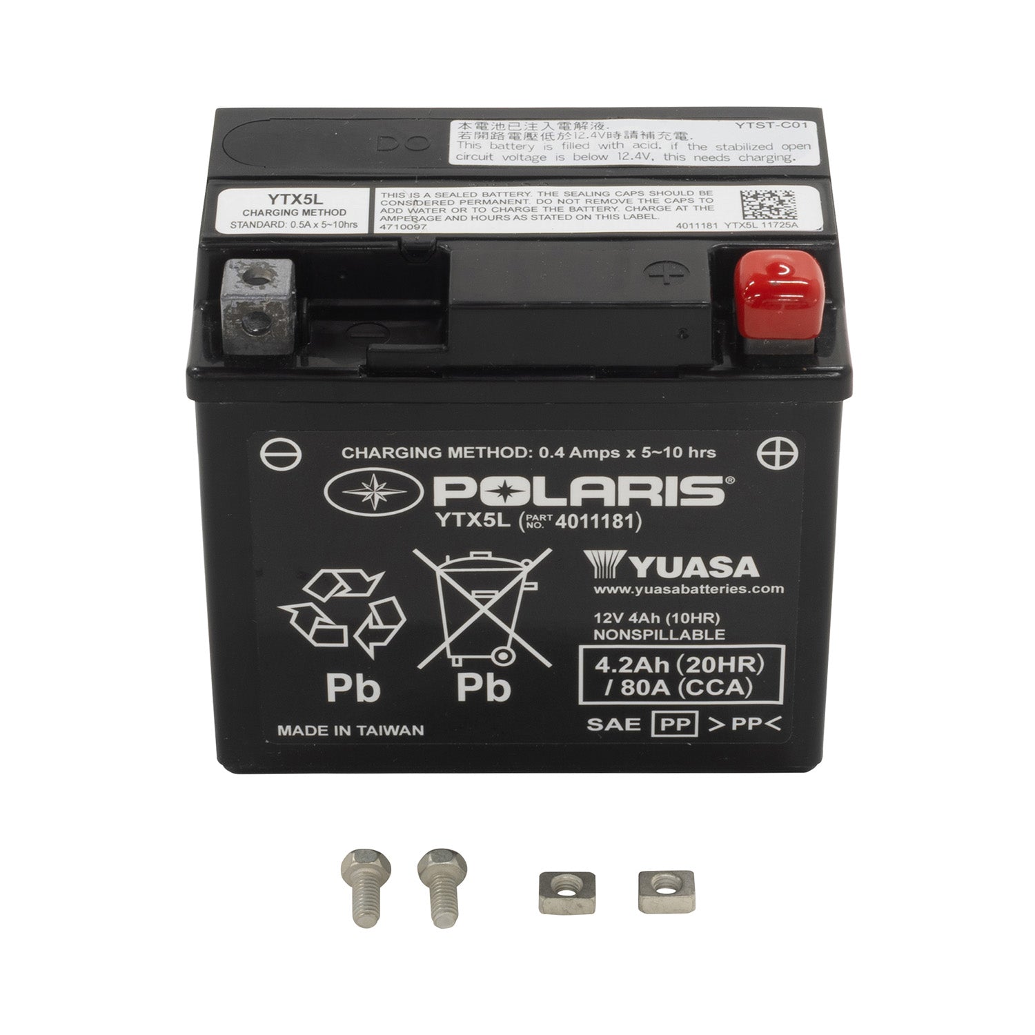 Compact black rectangular Yuasa YTX5L battery with Polaris branding, red positive terminal, and silver mounting hardware.