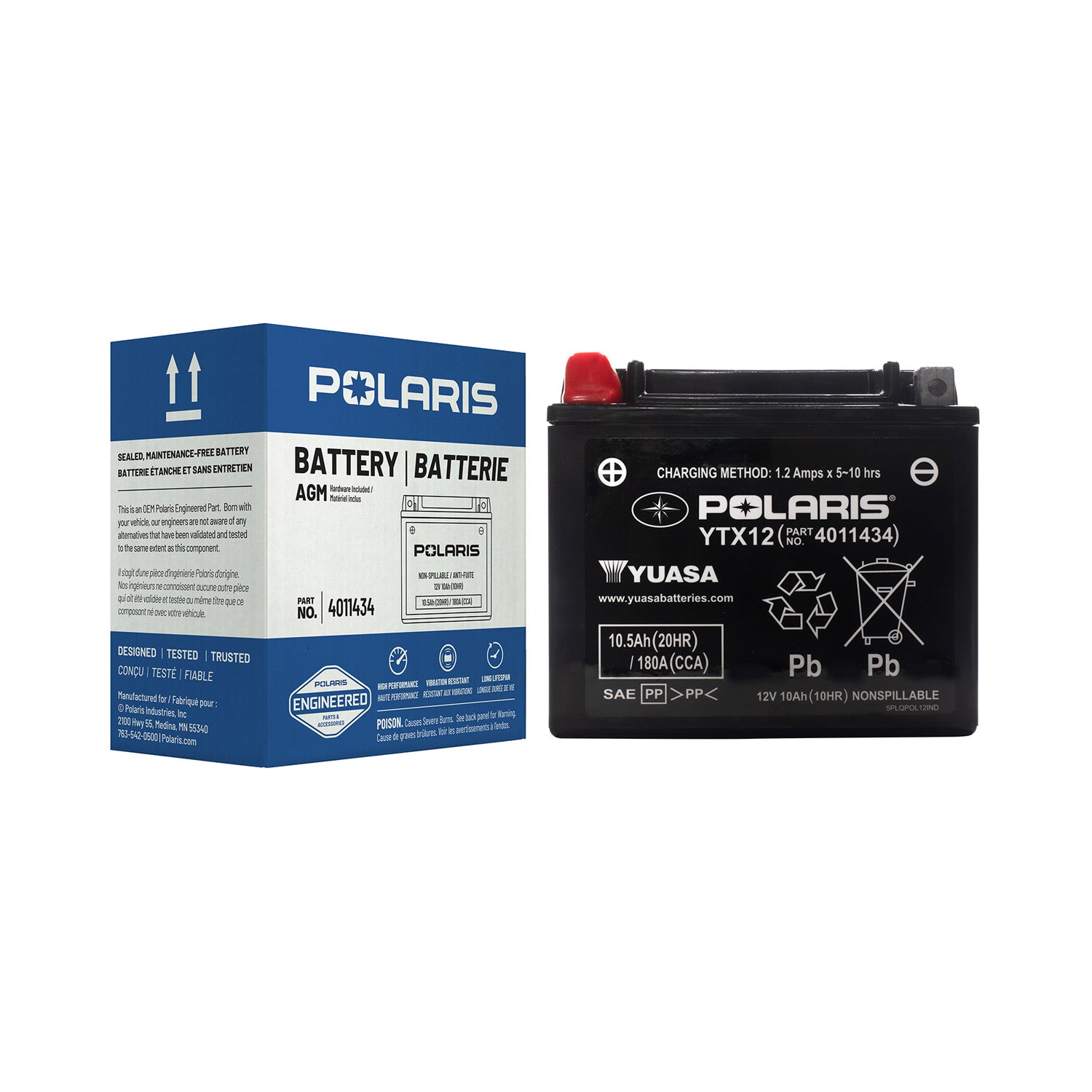 Black rectangular Polaris Yuasa YTX12 rechargeable battery with red positive terminal and white text labeling, next to a.