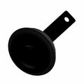 Black round disc horn with mounting bracket and hole for attachment.