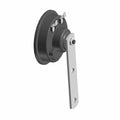 A 3D rendering of the Horn by Polaris, a round black electrical component with two metal terminals on top and a central bolt securing a flat, elongated silver arm ending in two holes.