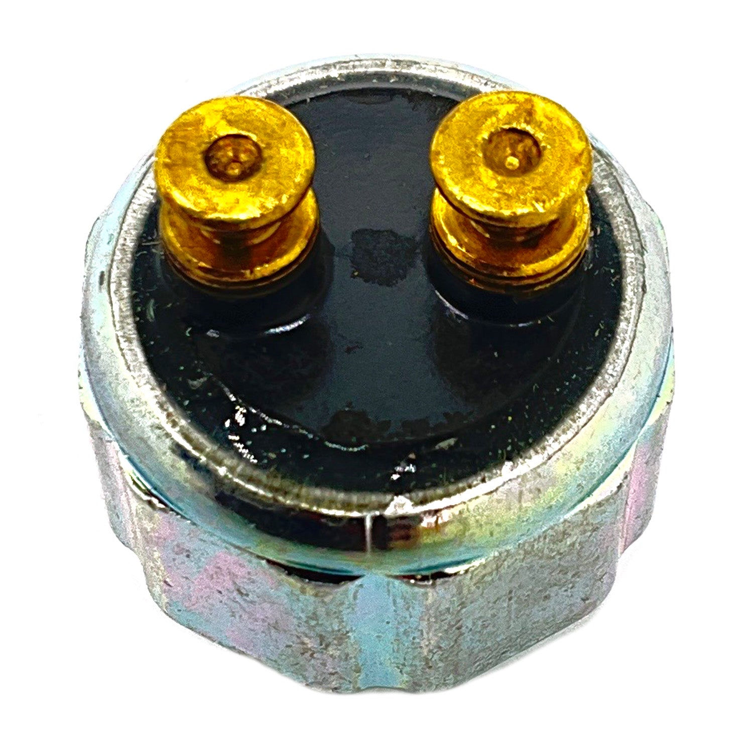 Round metallic pressure switch brake with two gold-colored terminals on black top surface.