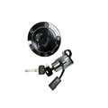 Chrome ignition switch and fuel cap assembly with key, designed for Polaris Victory Vegas motorcycles.