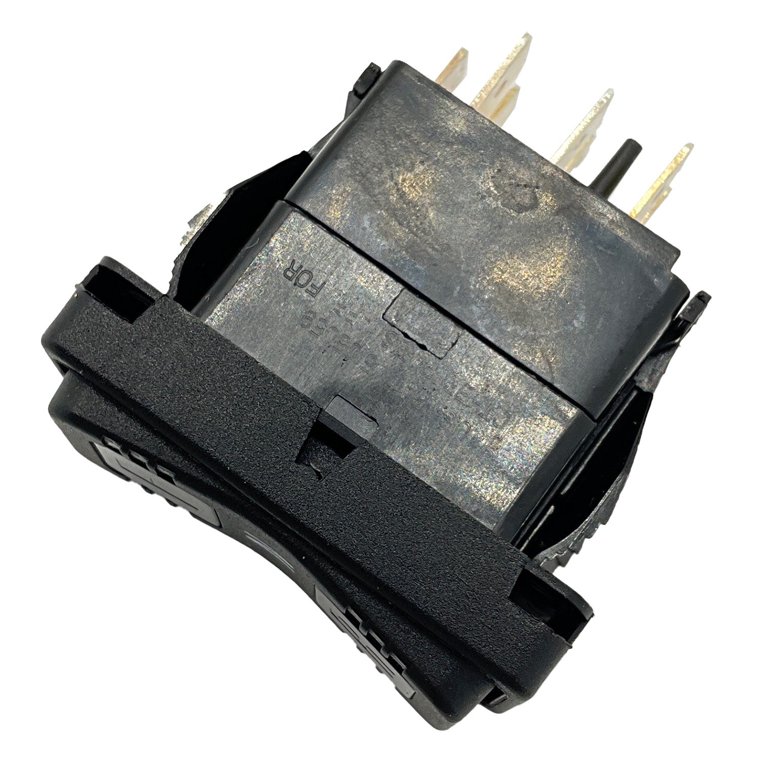 Black rectangular forward/reverse switch with four metal prongs and integrated light indicator.