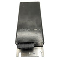 Rectangular black metal voltage converter with connector port and mounting bracket labeled SEVCON.