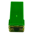 Green rectangular fuse cartridge with clear base and metal contact terminals.