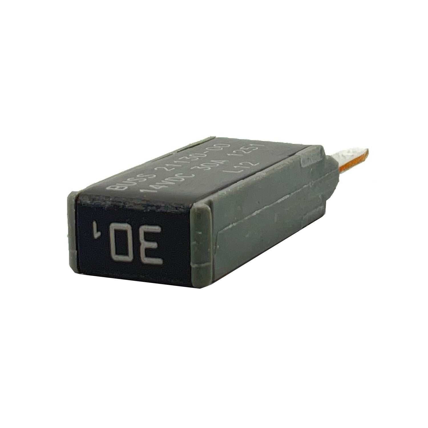Compact black rectangular 30A mini circuit breaker with white numerical label and metal terminals.