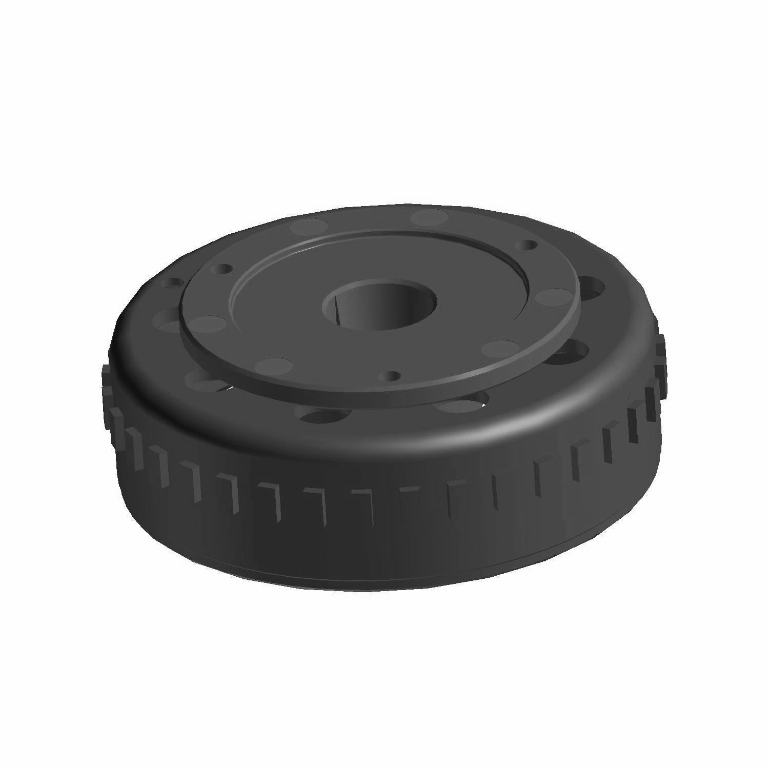 Black round metal flywheel with central hole and evenly spaced mounting holes.