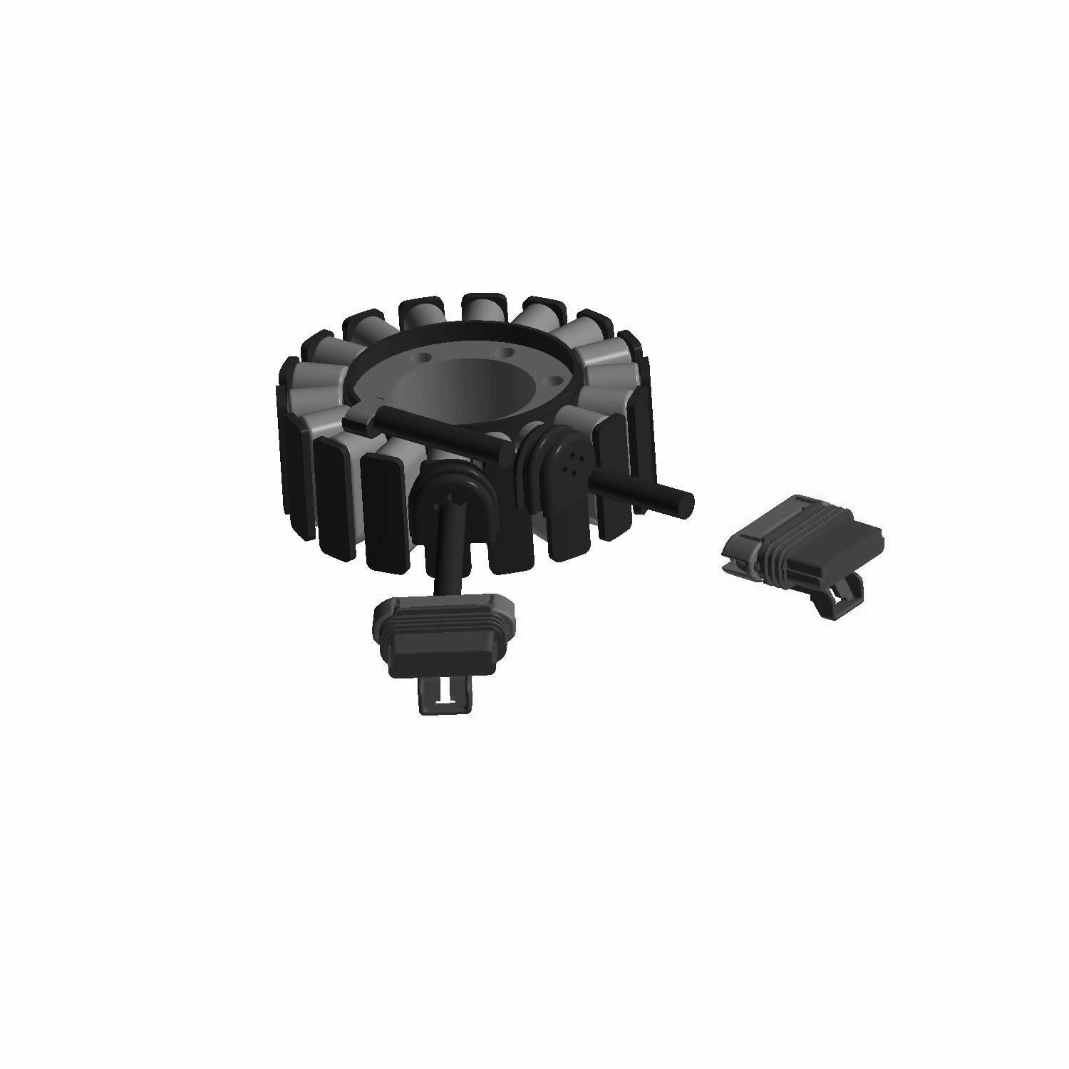 Black circular stator coil with multiple thick wire windings and two small rectangular electrical connectors.